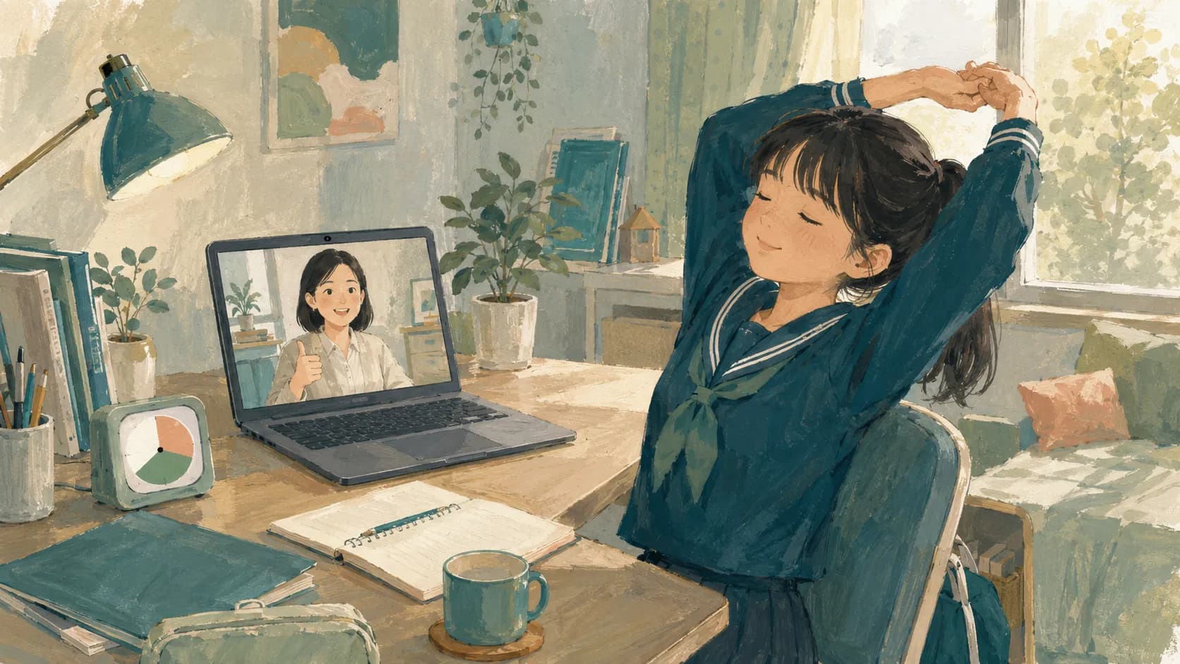 短時間に区切ったオンライン授業の合間にひと息つく中学生のイラスト