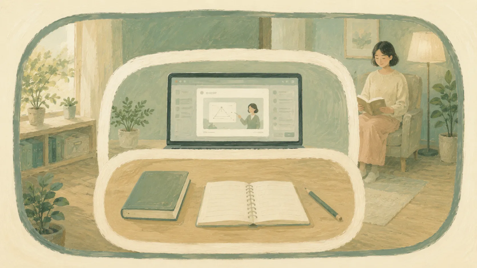 オンライン授業の集中を支える物理・デジタル・人の3層を表すイラスト