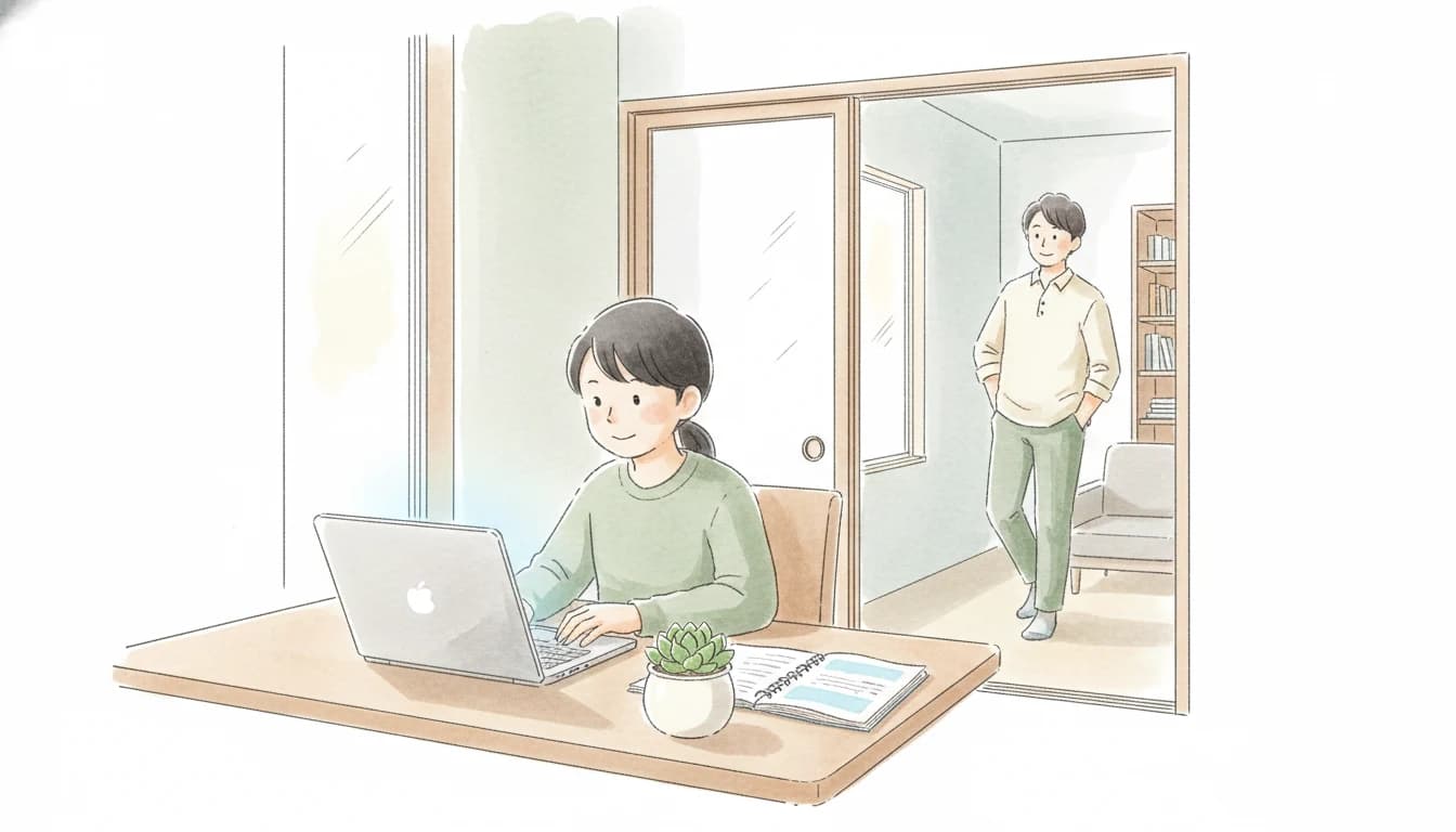 自宅でオンライン家庭教師の授業を受ける子どもと見守る保護者のイラスト