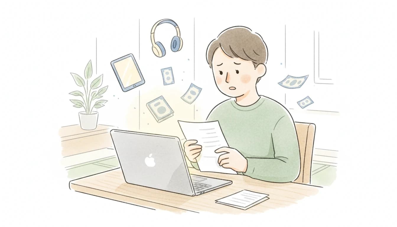 オンライン家庭教師のシステム利用料や教材費など隠れたコストに気づく保護者のイラスト