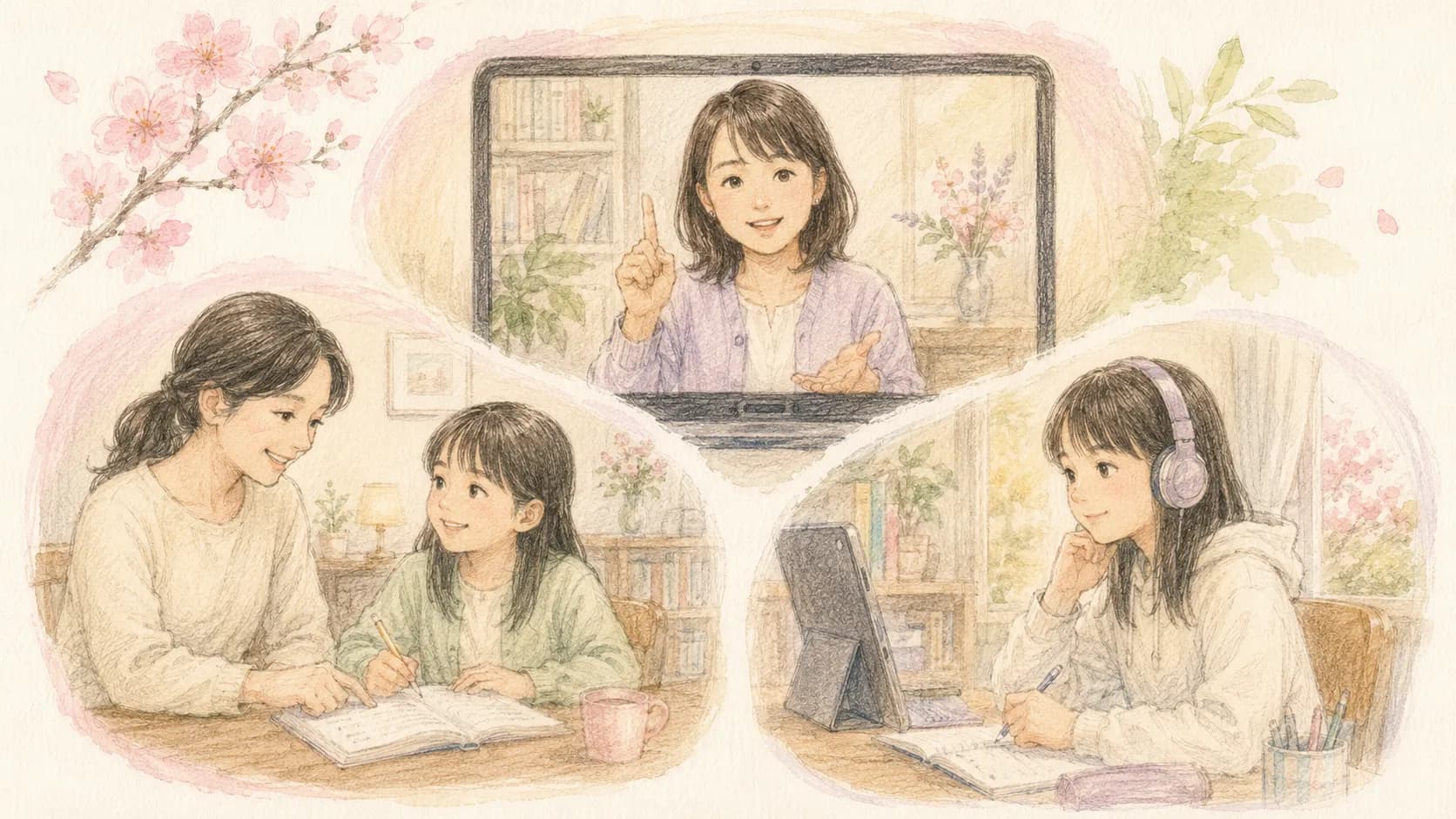オンライン家庭教師で効果が出る3つの条件を表すイラスト