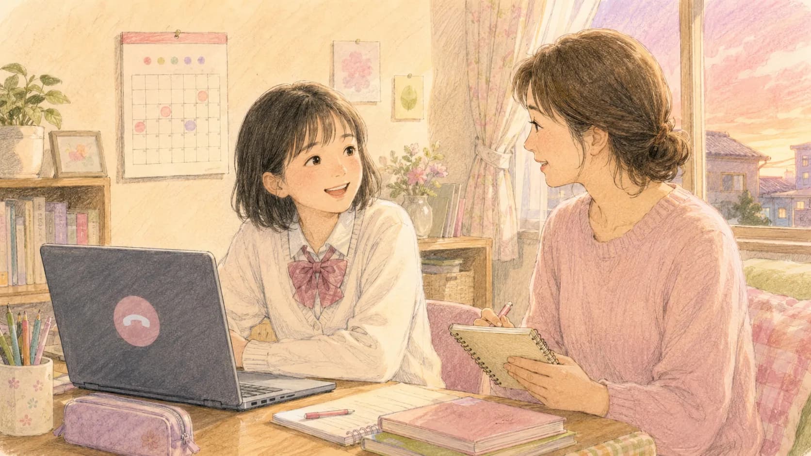 オンライン授業後に家族が今日の学びを振り返るイラスト