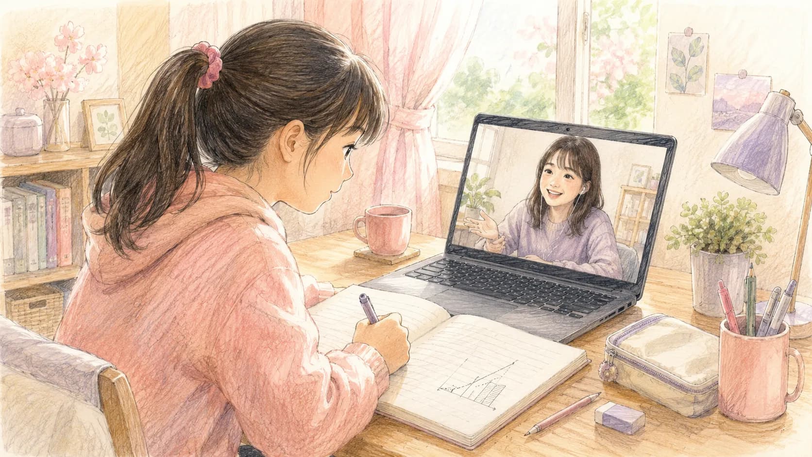 オンライン家庭教師の授業で集中して学ぶ中学生のイラスト