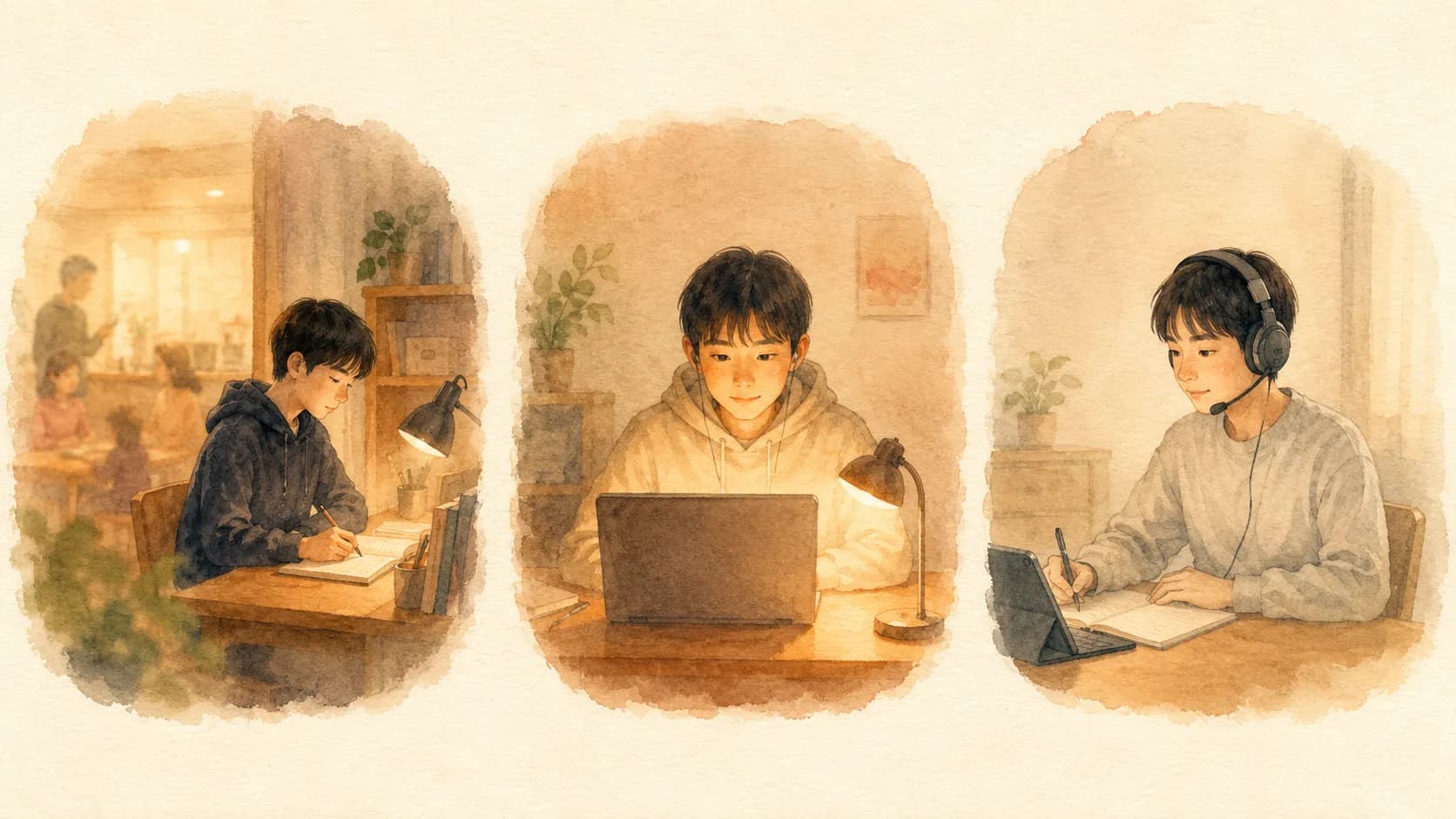 オンライン家庭教師の環境設計の3つの軸（場所・光・音）を表すイラスト
