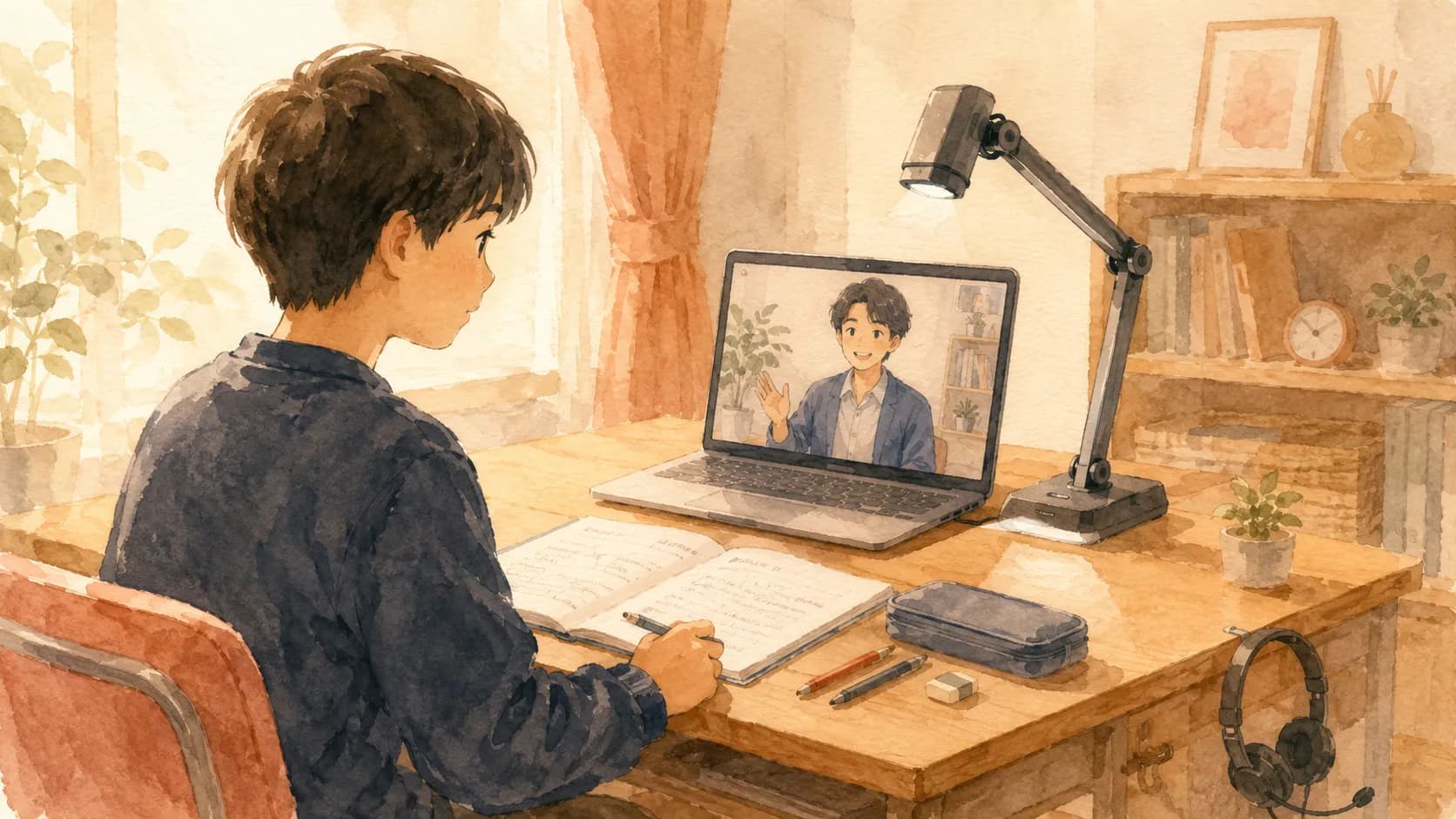 オンライン家庭教師の授業を受ける中学生と機材のセットアップのイラスト