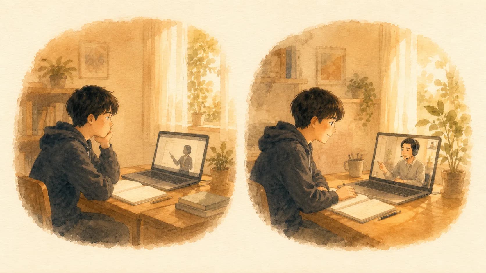 録画動画とオンライン家庭教師の双方向ライブの違いを表すイラスト