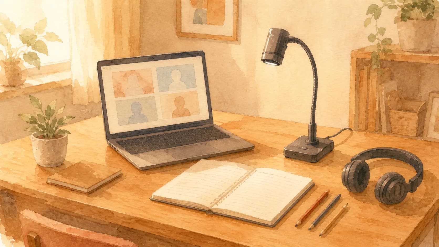 オンライン家庭教師に必要な最低限の機材を整えた家庭の学習スペースのイラスト