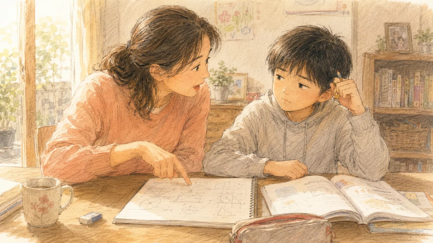 数学のショートカットを子どもに教える保護者のイラスト