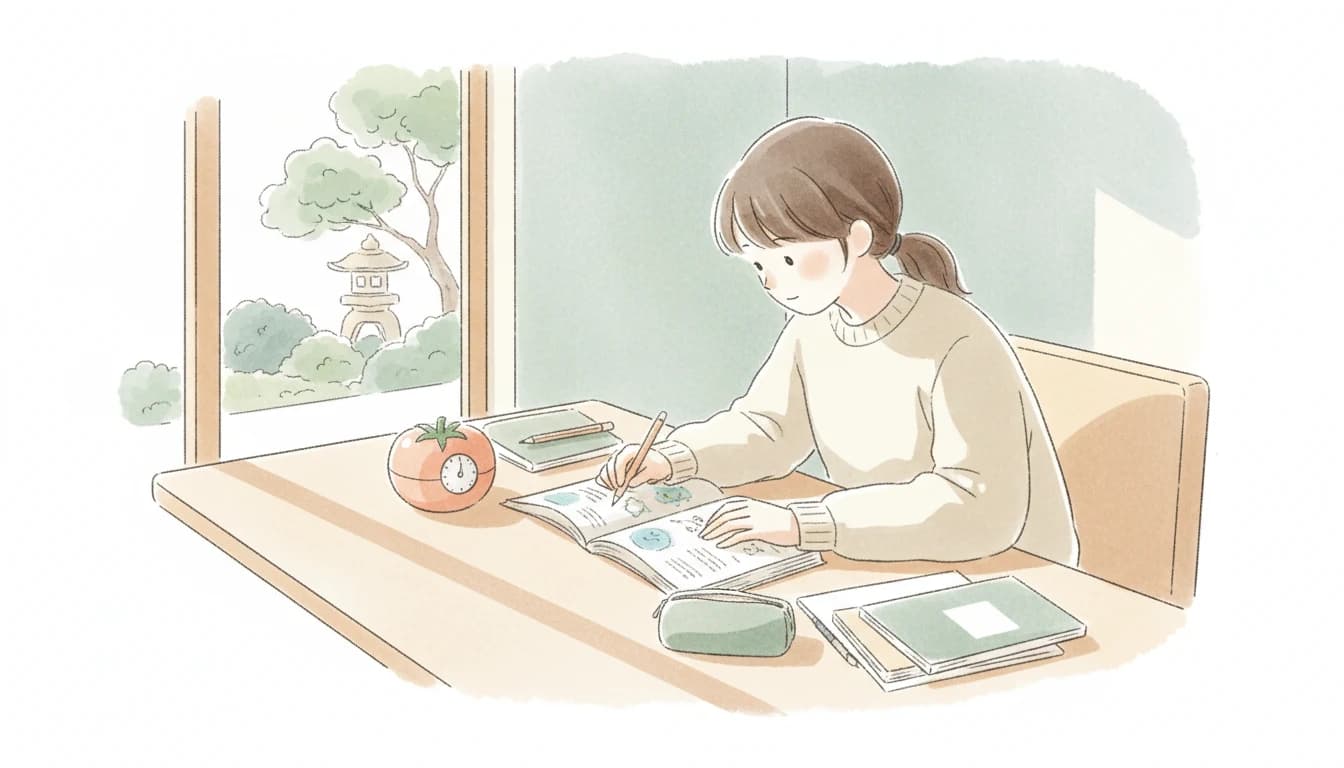 ポモドーロ・タイマーを使って勉強する学生のイラスト