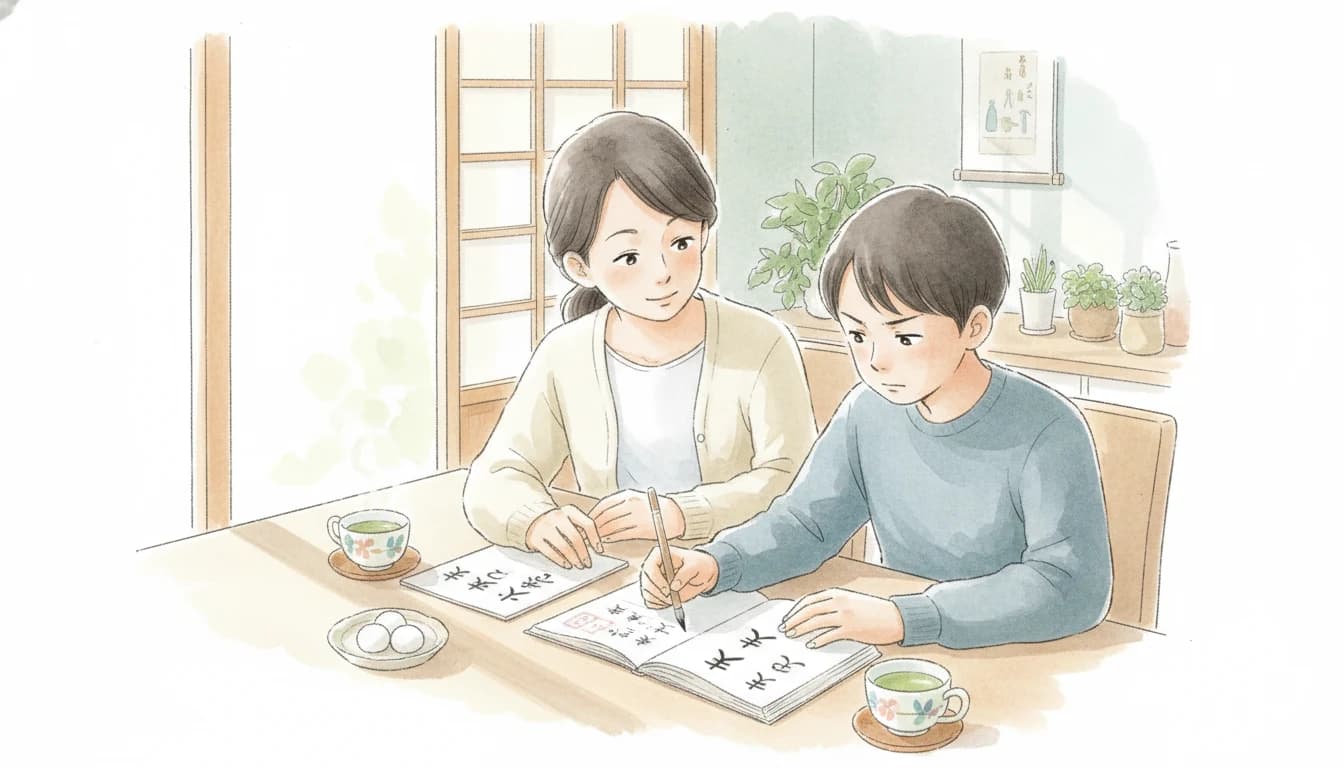 生徒のつまずきを丁寧に見守る家庭教師のイラスト