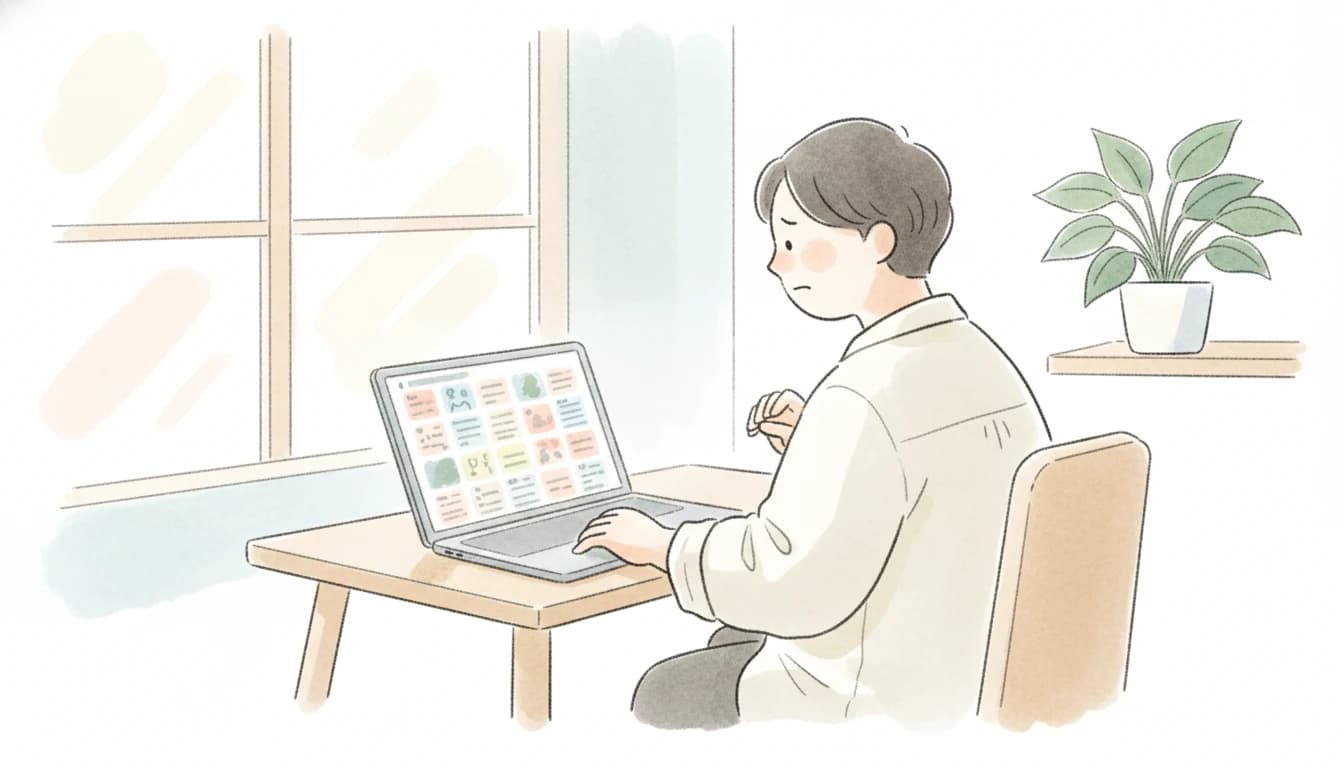 掲示板で多数の家庭教師候補を比較検討する保護者のイラスト