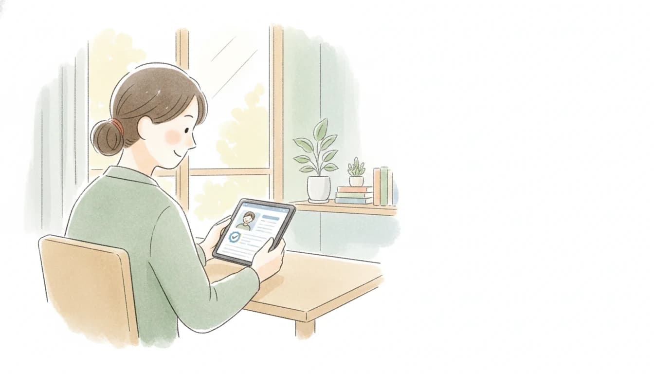 本人確認済みの家庭教師プロフィールを安心して見る保護者のイラスト