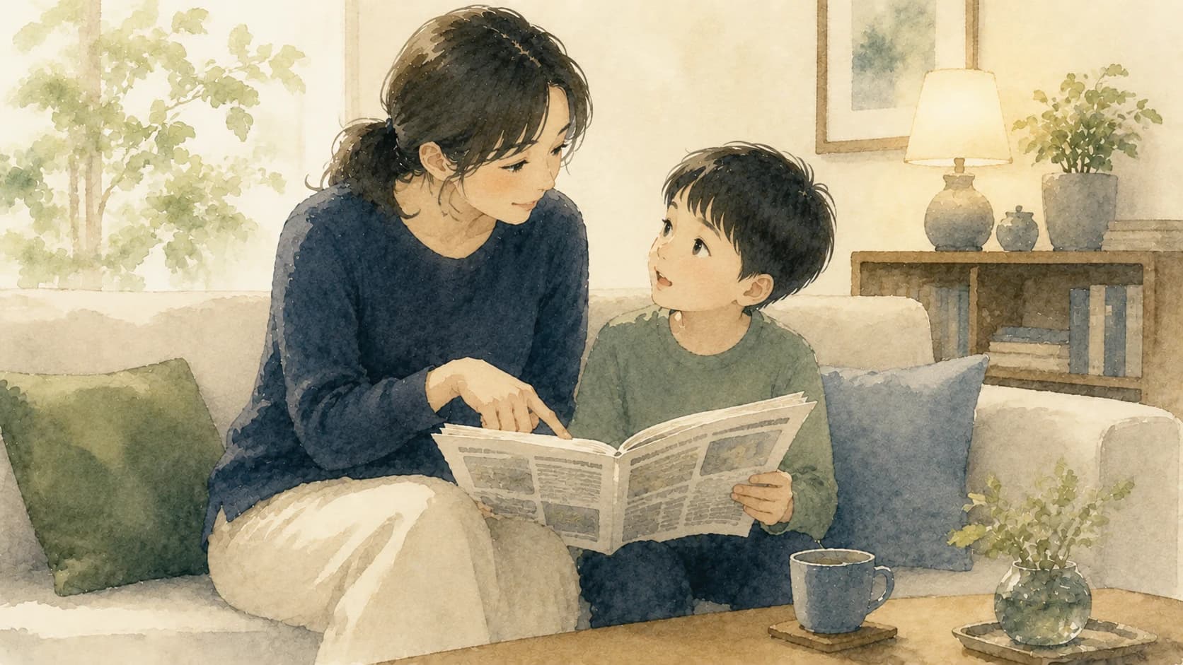 親子で読んだ文章について話し合うイラスト