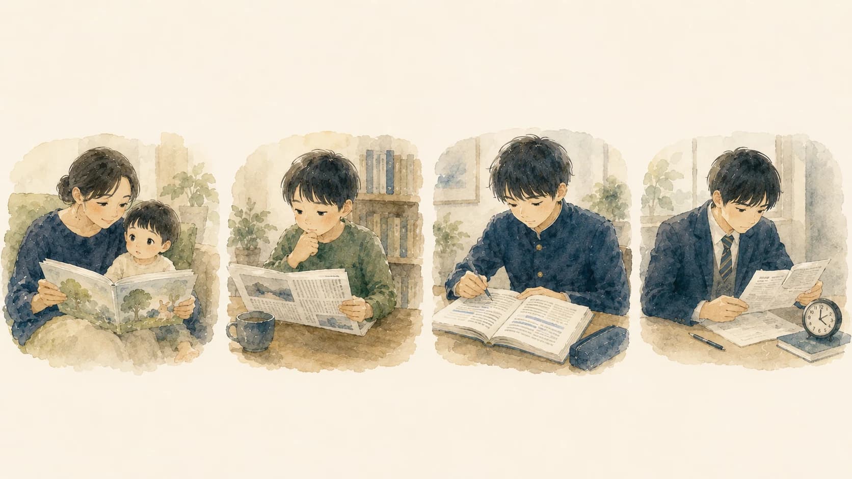 学年別の読解力の取り組み方を表すイラスト