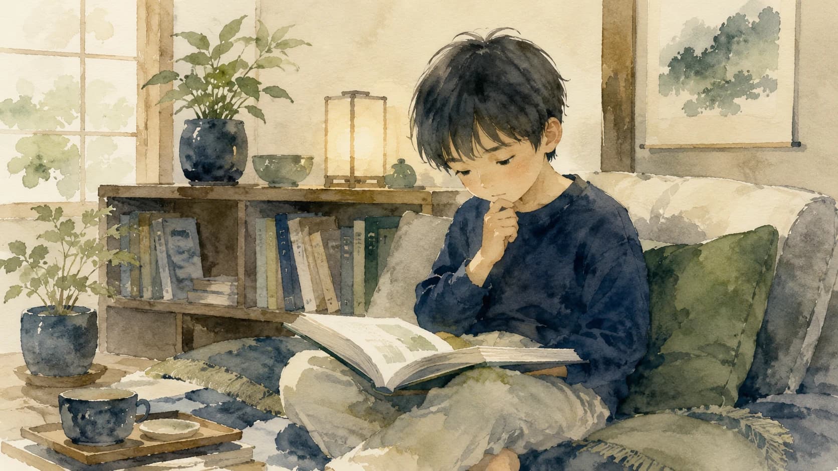 家で本を読む子どもと読解の難しさを表すイラスト