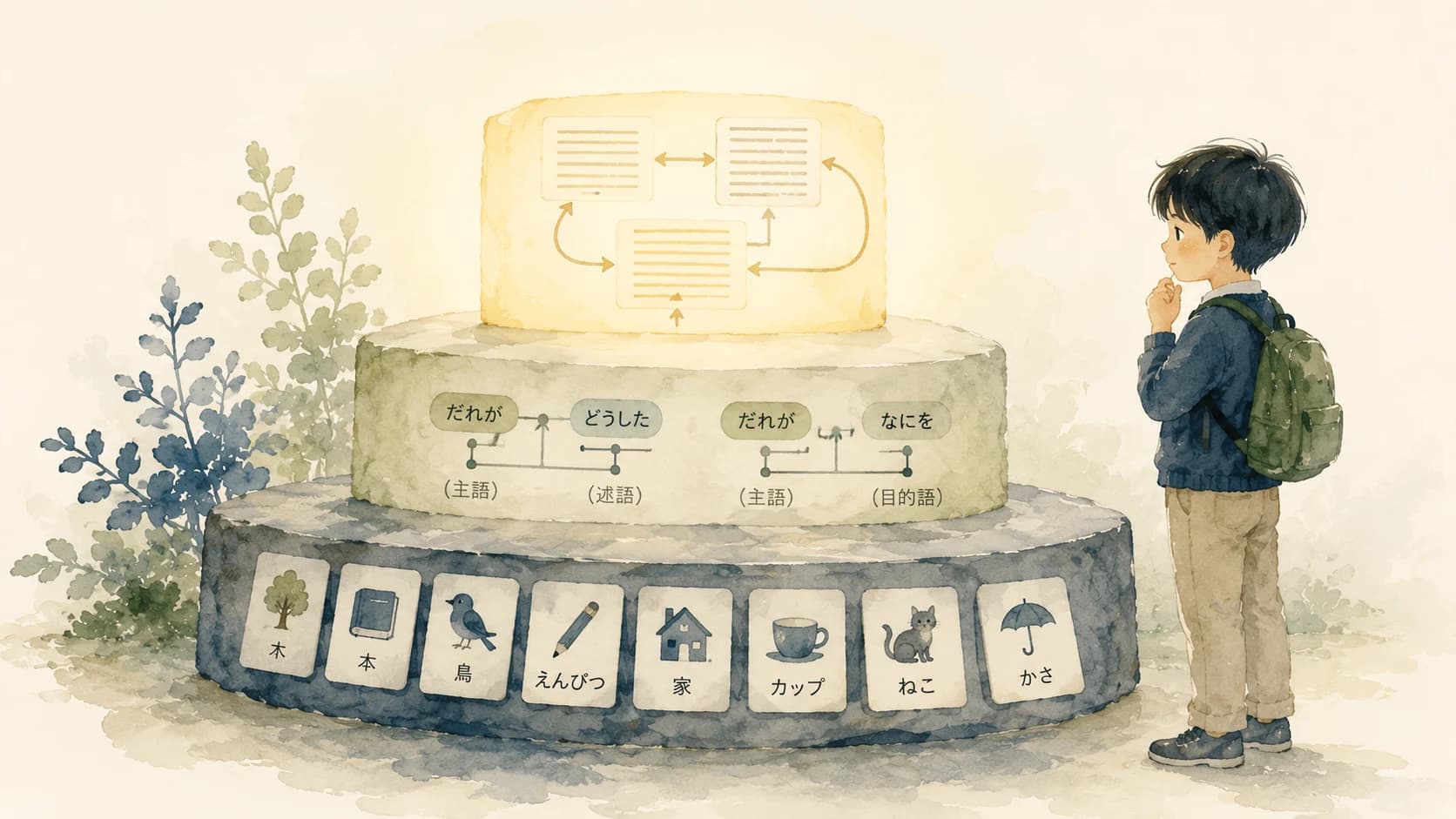 読解力の3層（語彙・構文・論理）を表すイラスト