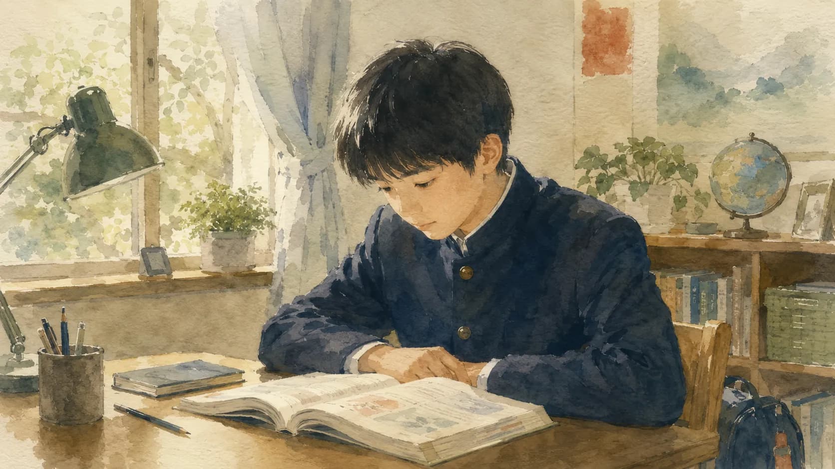 教科書を普通に読み取る中学生のイラスト