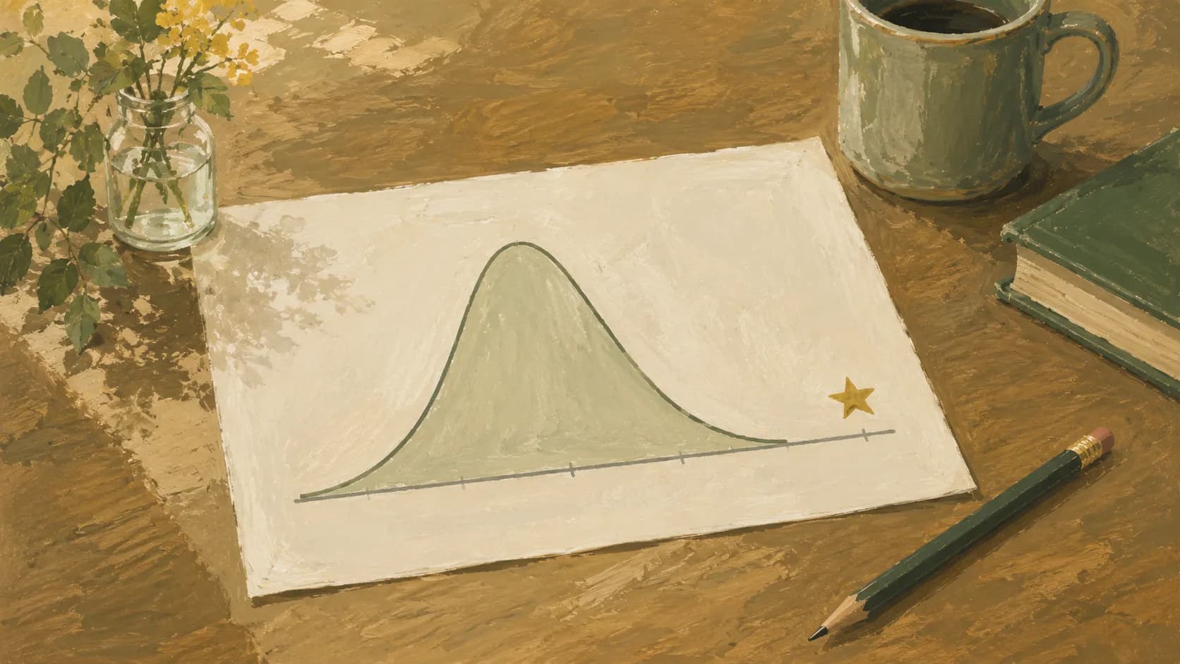 定期テストの得点分布と100点層の希少性を表すイラスト
