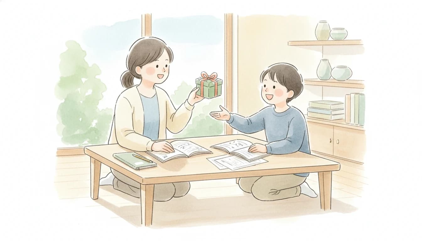 テストの成績にご褒美を提案する親子のイラスト