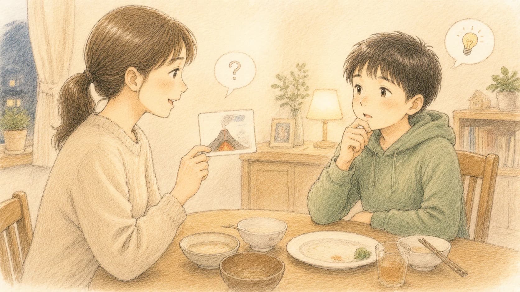 夕食後に家族で5分の口頭テストをするイラスト
