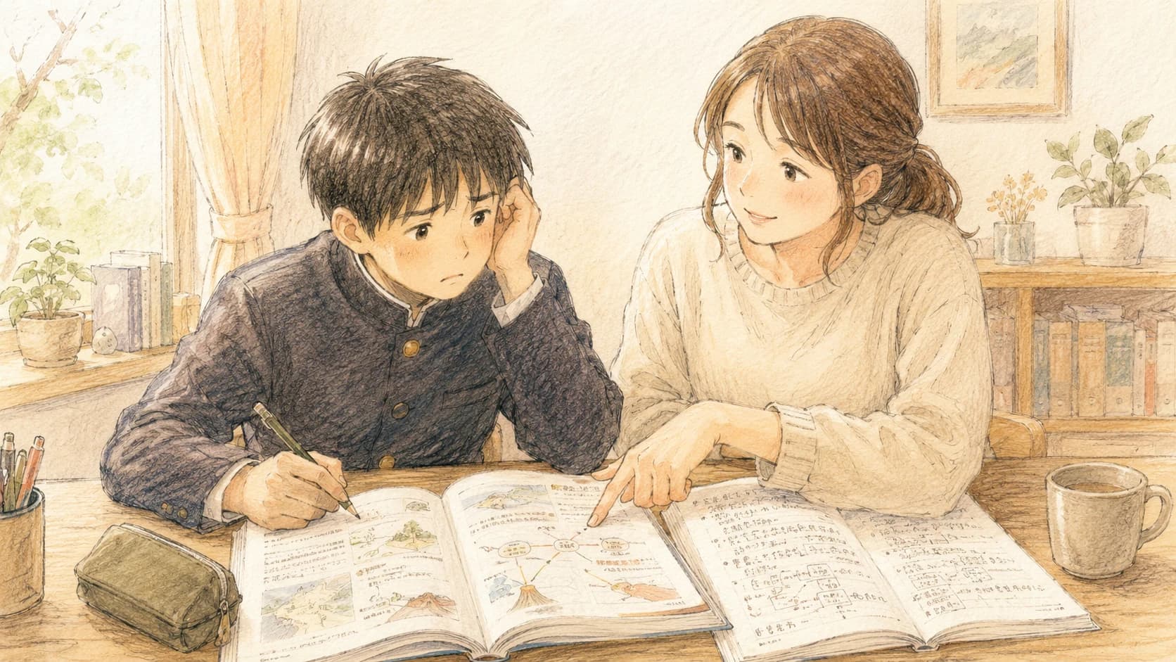 理科や社会の用語の暗記に取り組む中学生と寄り添う家庭教師のイラスト