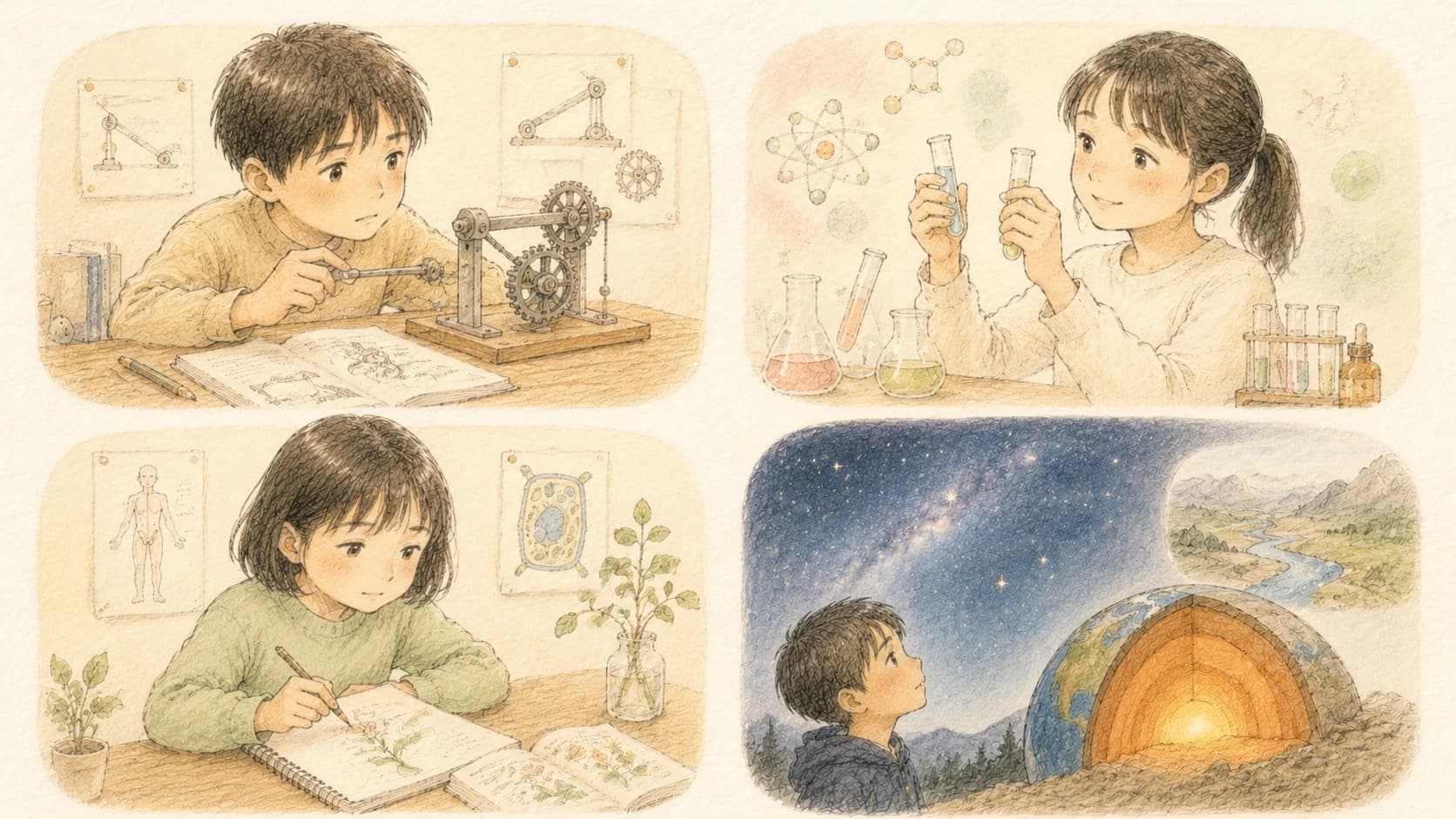 理科の4分野（物理・化学・生物・地学）の暗記の特徴を表すイラスト