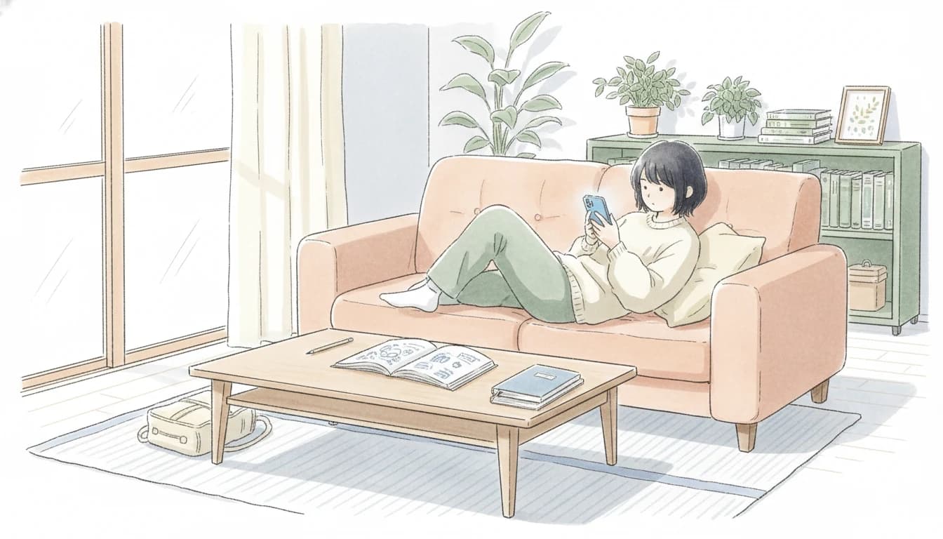 スマホに夢中になり勉強が手につかない中学生のイラスト