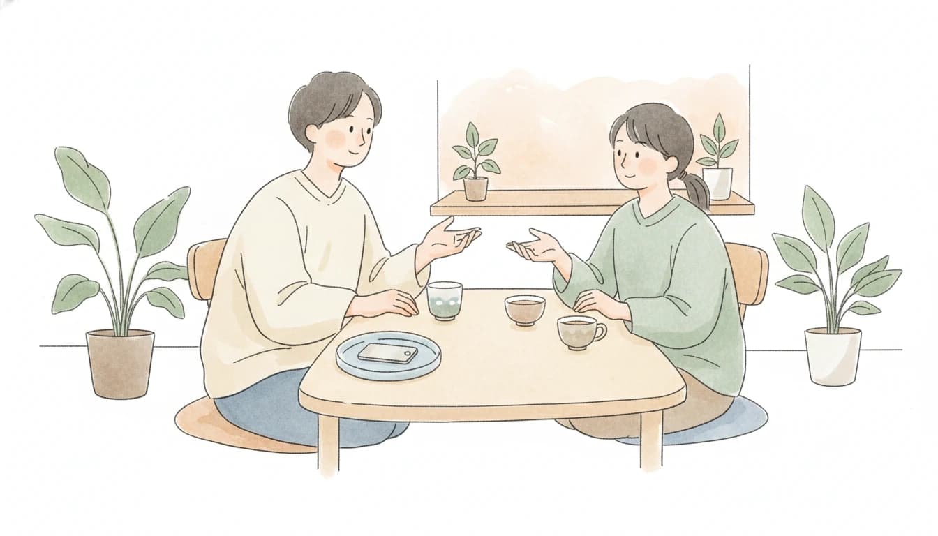 家族でスマホのルールを決めて話し合うシーンのイラスト