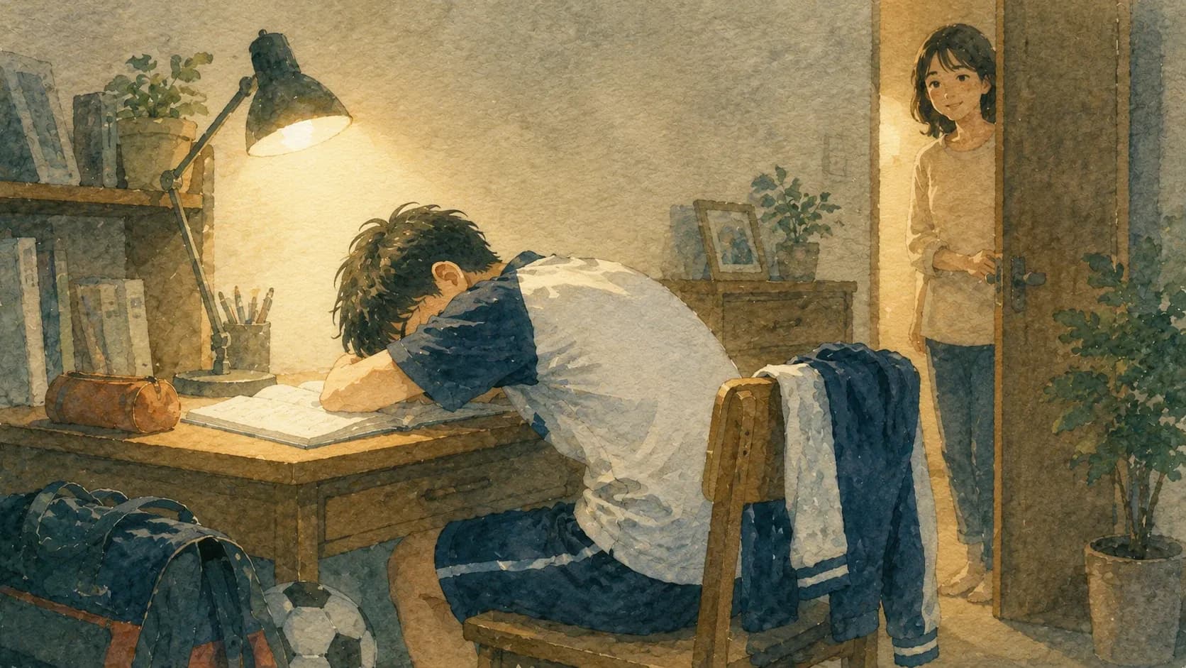 部活から帰って机で眠ってしまった子どもを、保護者がドア越しに心配そうに見守るイラスト