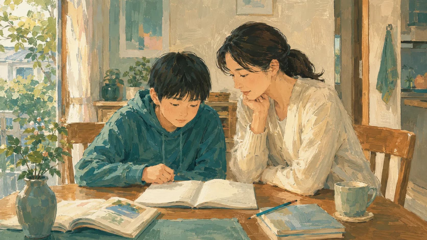 子どもの学力の現実を冷静に見つめる保護者のイラスト