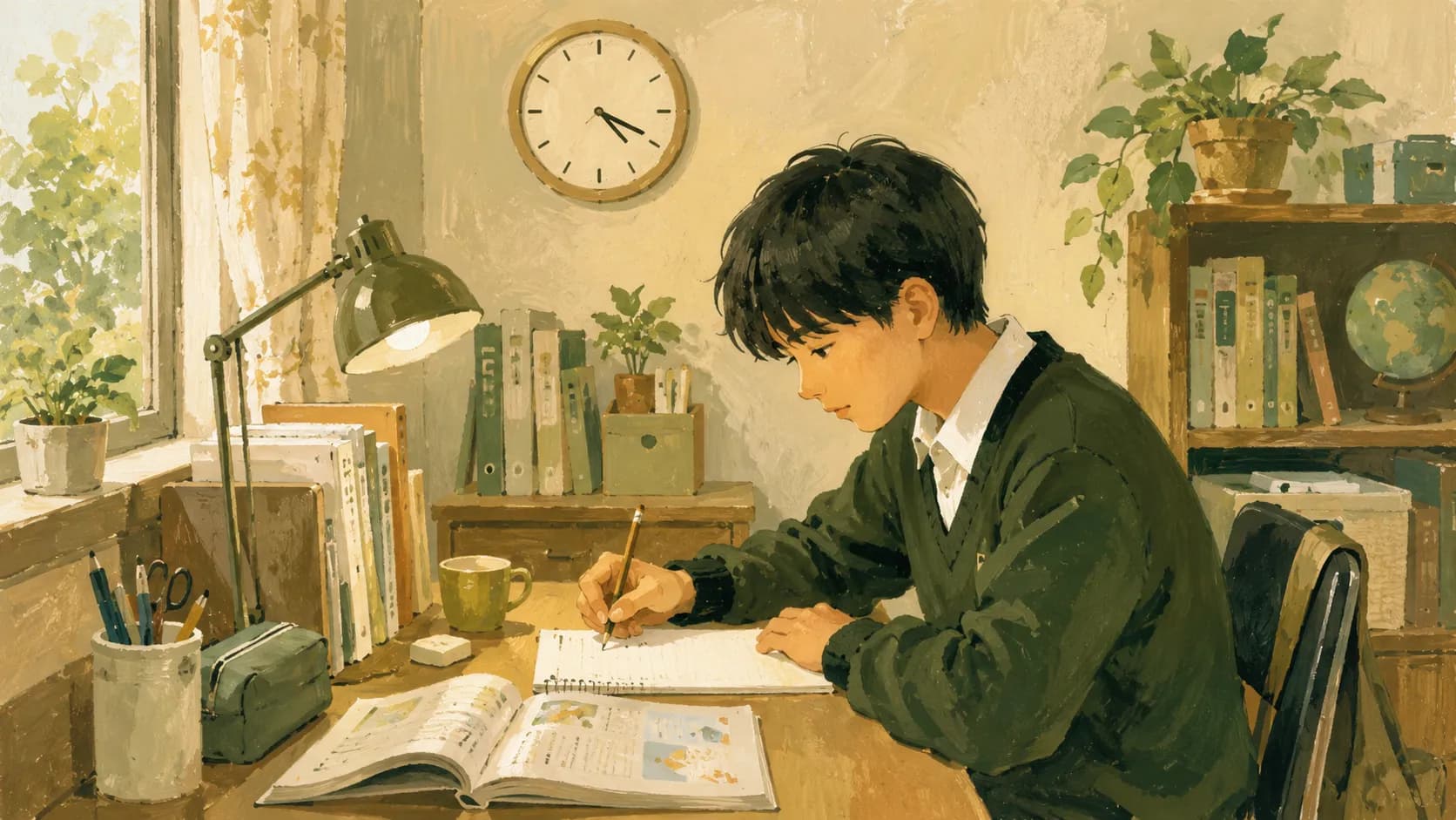 成績の改善を実感して机に向かう中学生のイラスト