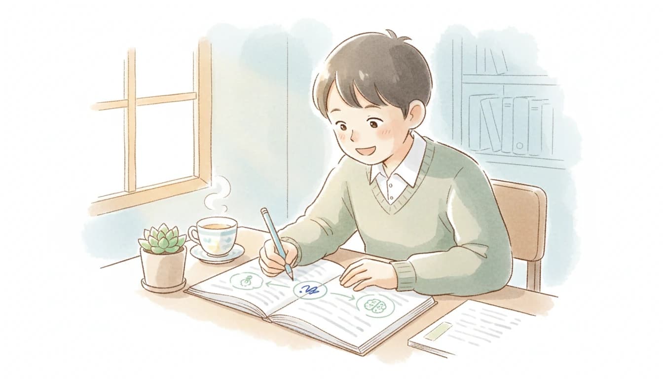 知識を結びつけて理解する勉強法に切り替えた中学生のイラスト