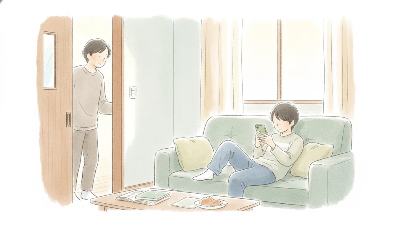 スマホを見続ける子どもに声をかけようとする保護者のイラスト