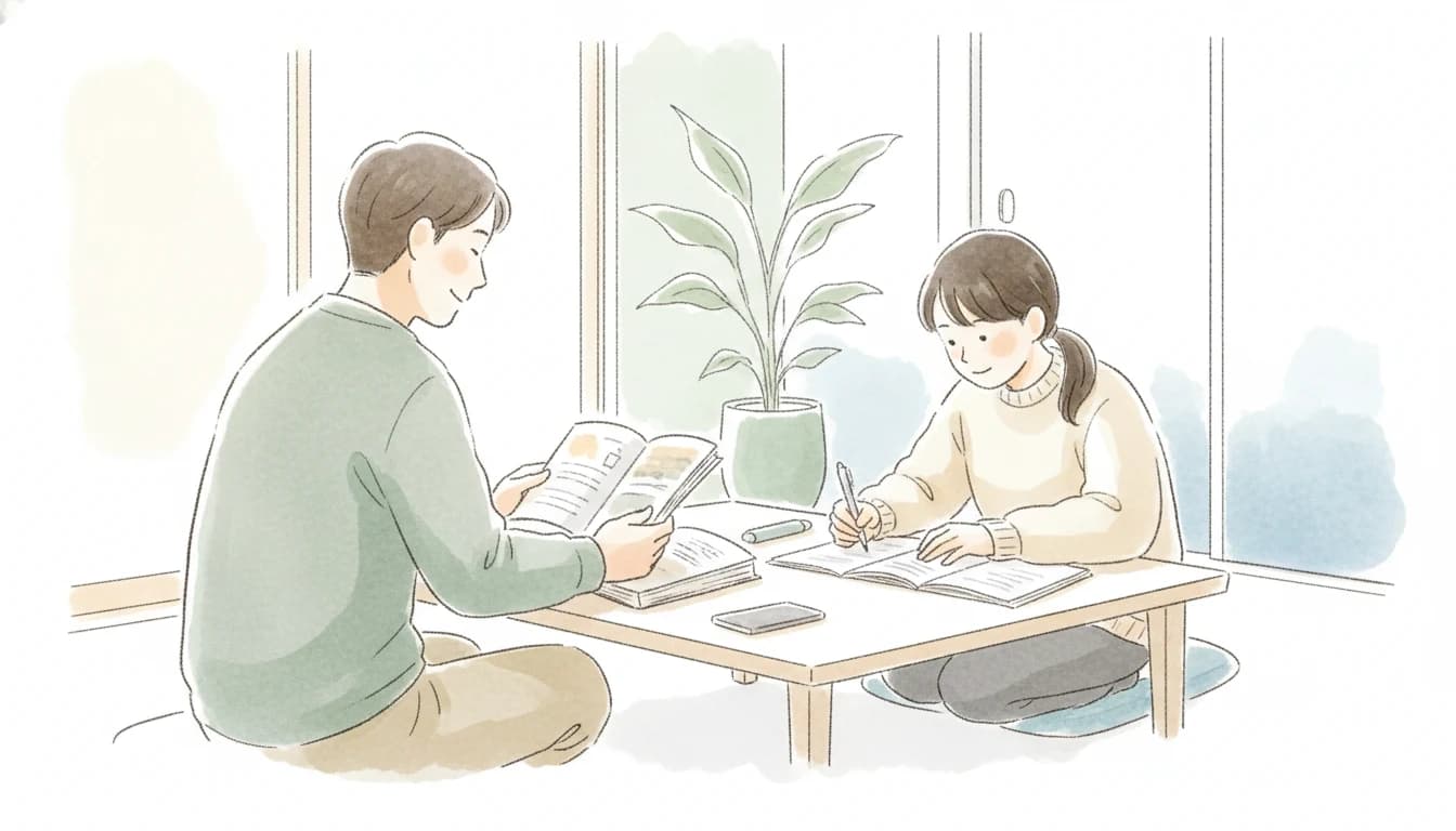 子どもの傍らで静かに見守る保護者のイラスト