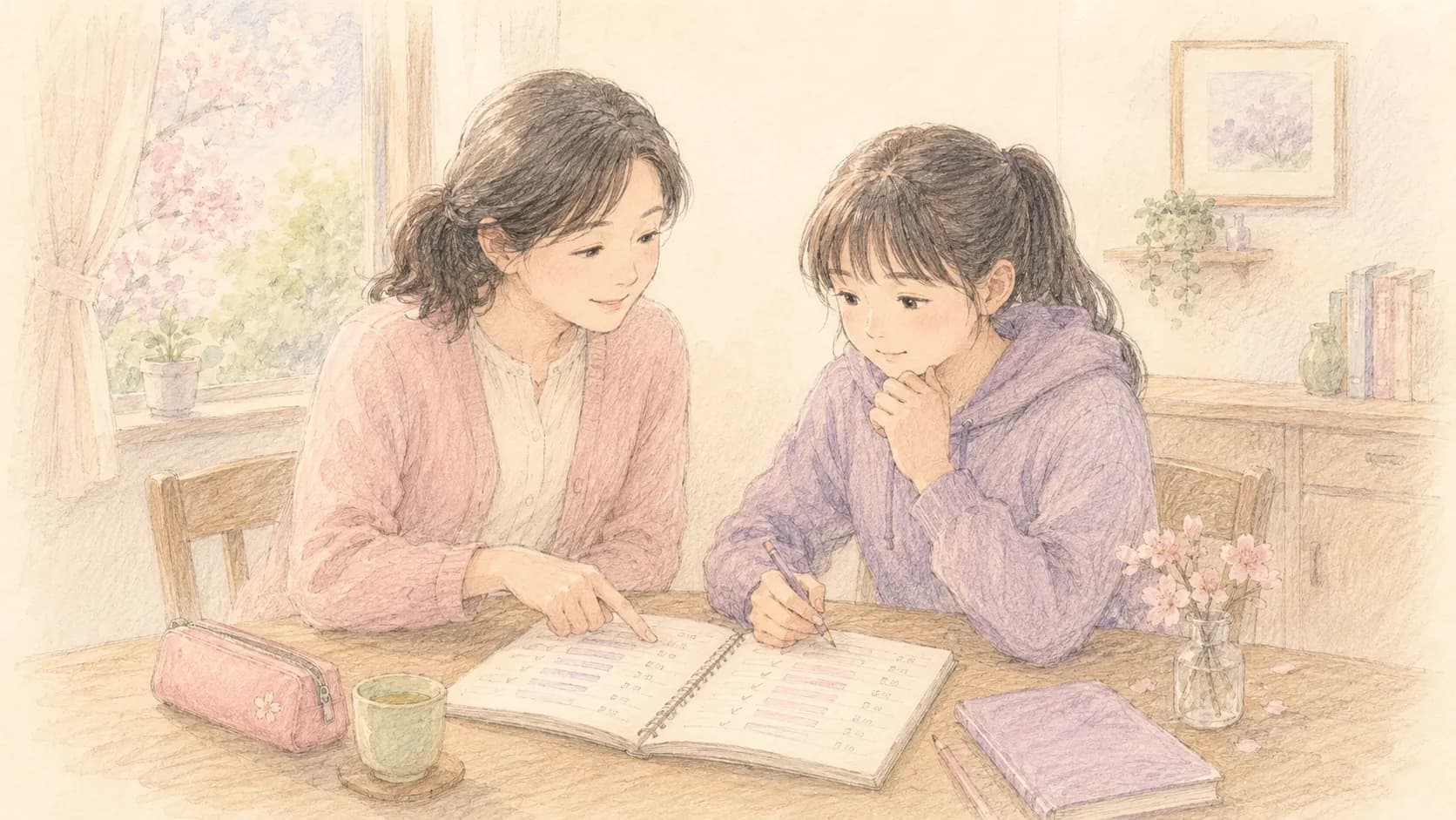 親子で1週間の勉強量ログを一緒に振り返るイラスト