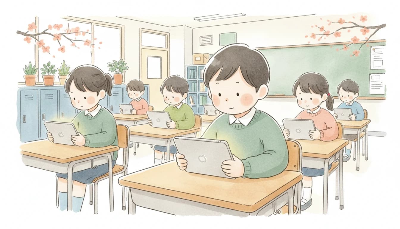1人1台タブレットを使う小学生のイラスト