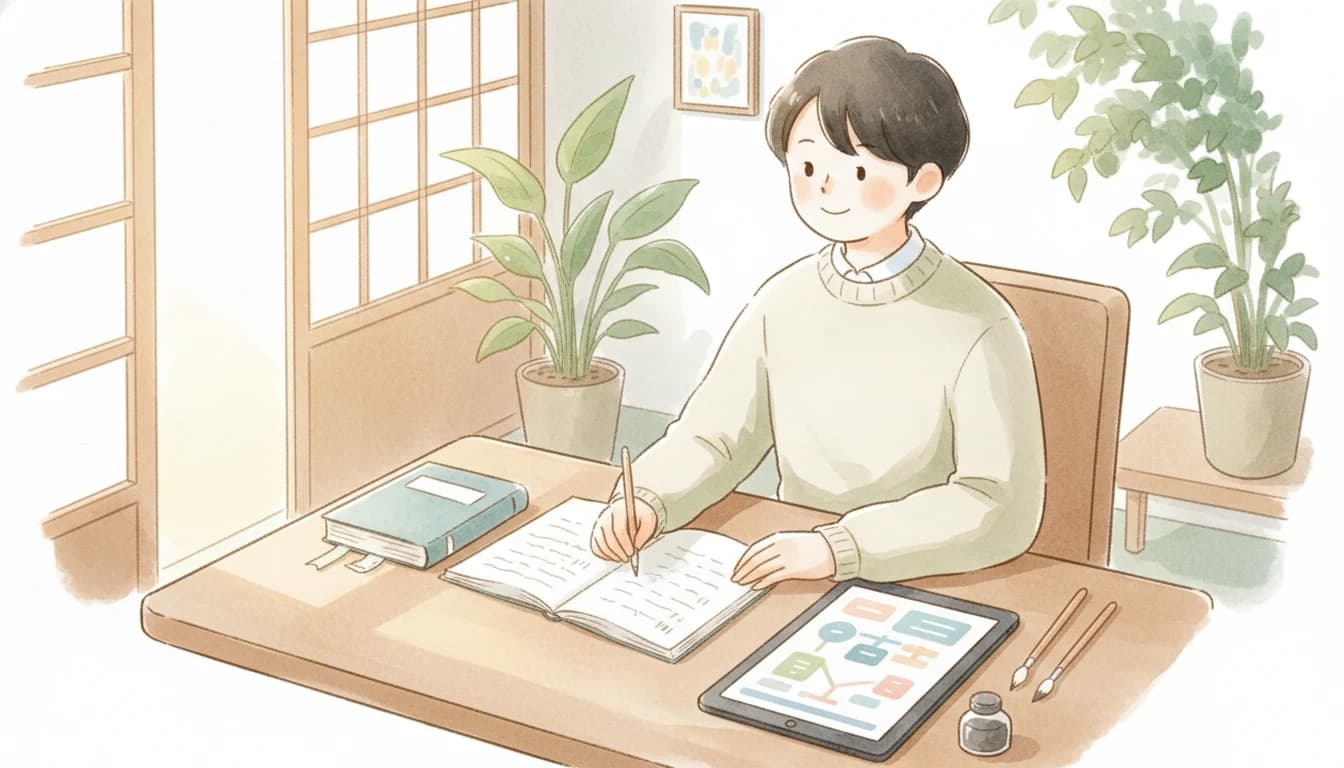 タブレットと紙の教材を併用する生徒のイラスト