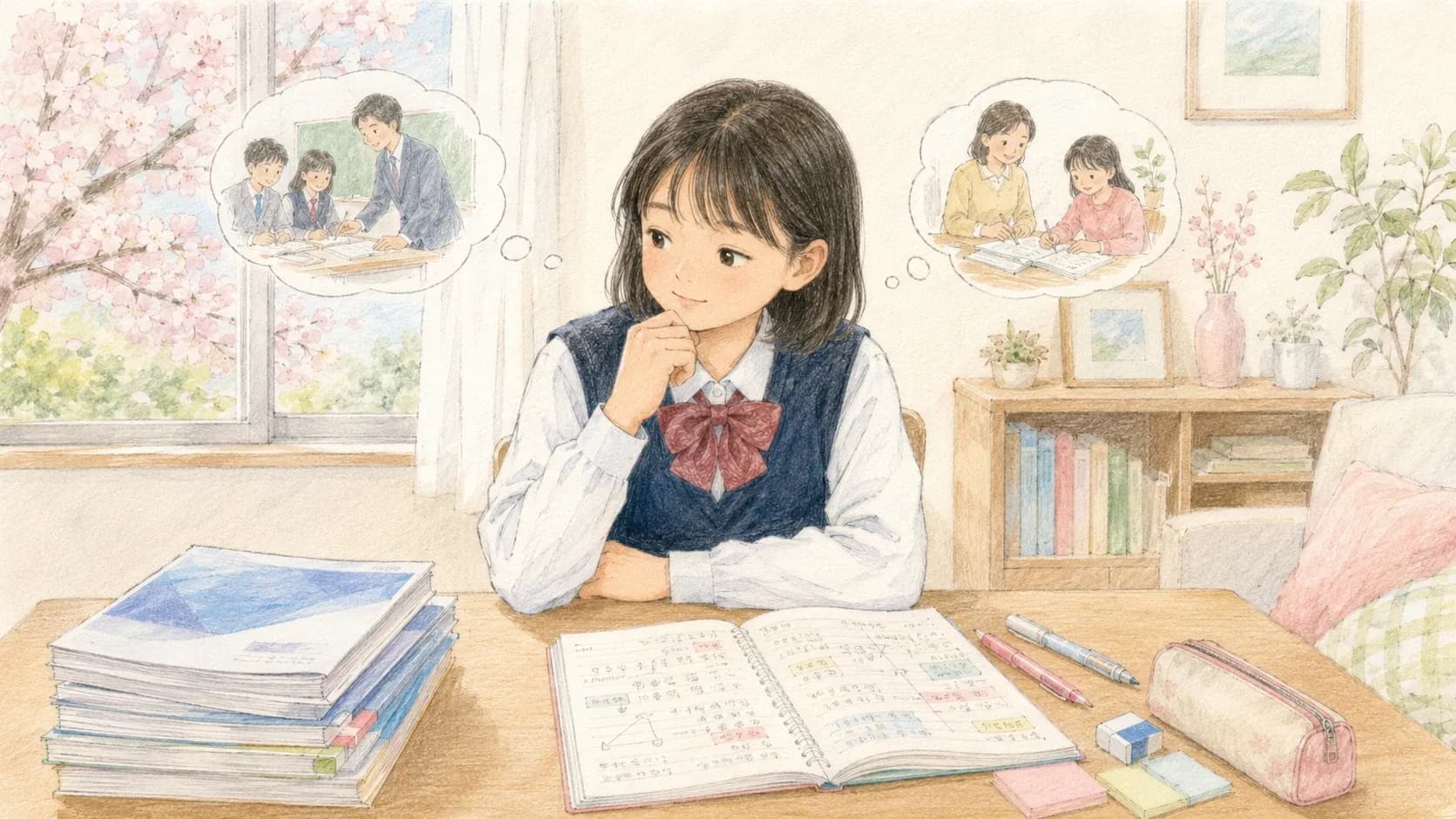 塾と家庭教師の併用を検討する中学生のイラスト