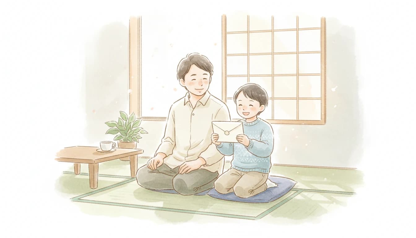 中学受験合格を喜ぶ親子のイラスト