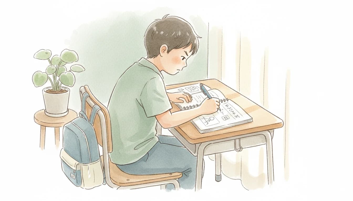 中学受験に向けて自宅で勉強する小学生のイラスト