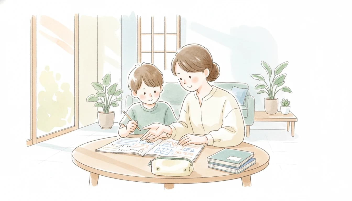 特殊算など中学受験対策に取り組む生徒と家庭教師のイラスト