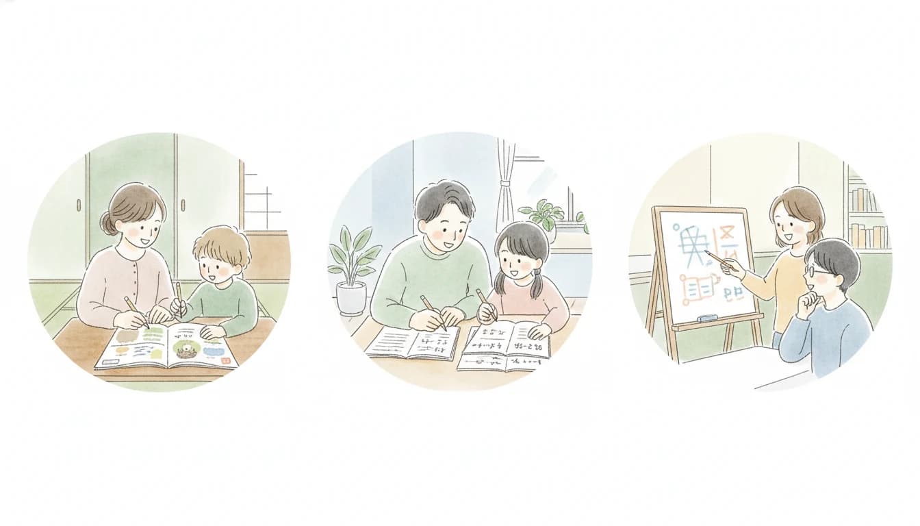 中学受験向けの3タイプの家庭教師（塾フォロー型・伴走型・専門型）のイラスト