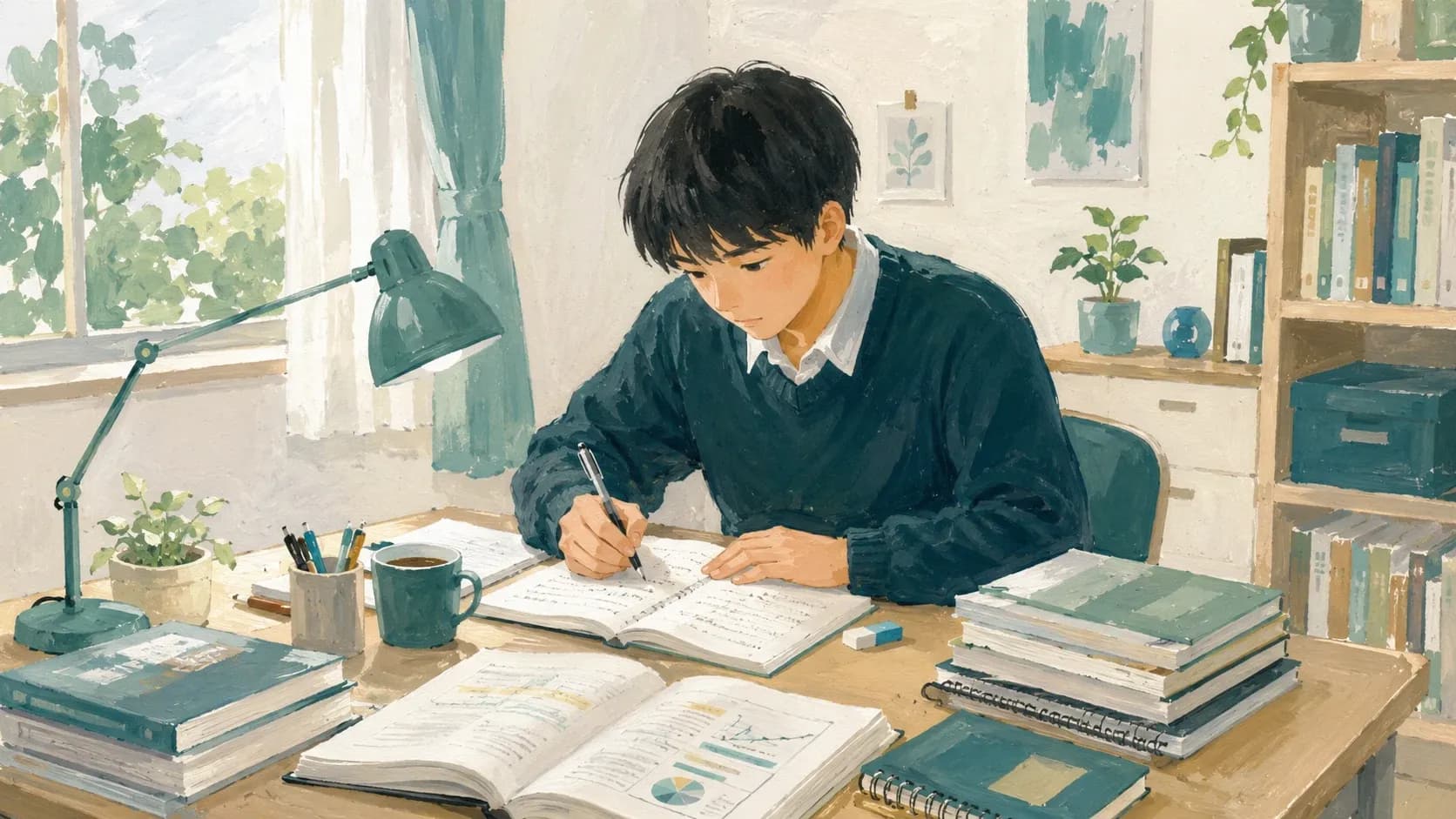 大学受験に向けて自宅で勉強する高校生のイラスト