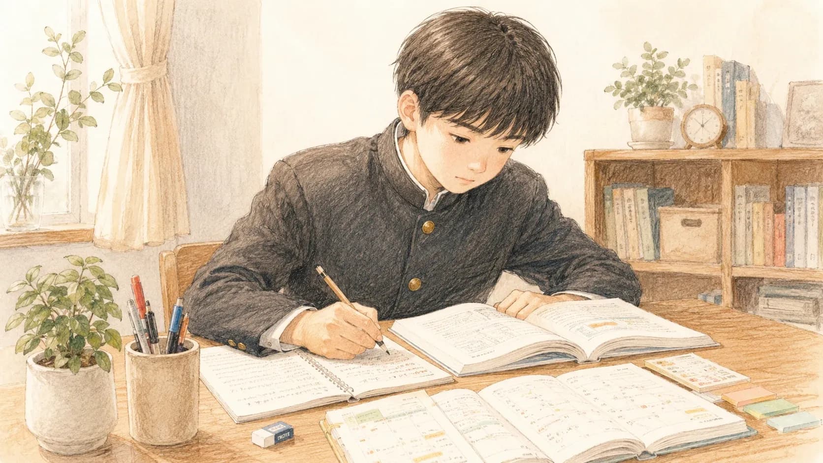 高校受験に向けて勉強する中学生のイラスト