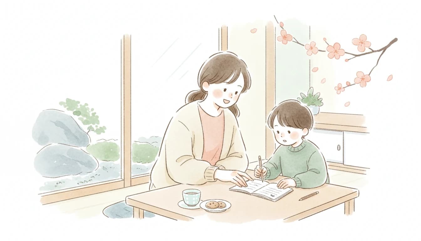 お子さまに寄り添う穏やかな家庭教師のイラスト