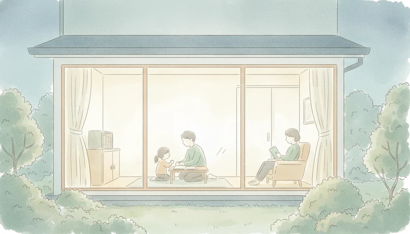 温かい家庭で学ぶ家族のシルエットのイラスト