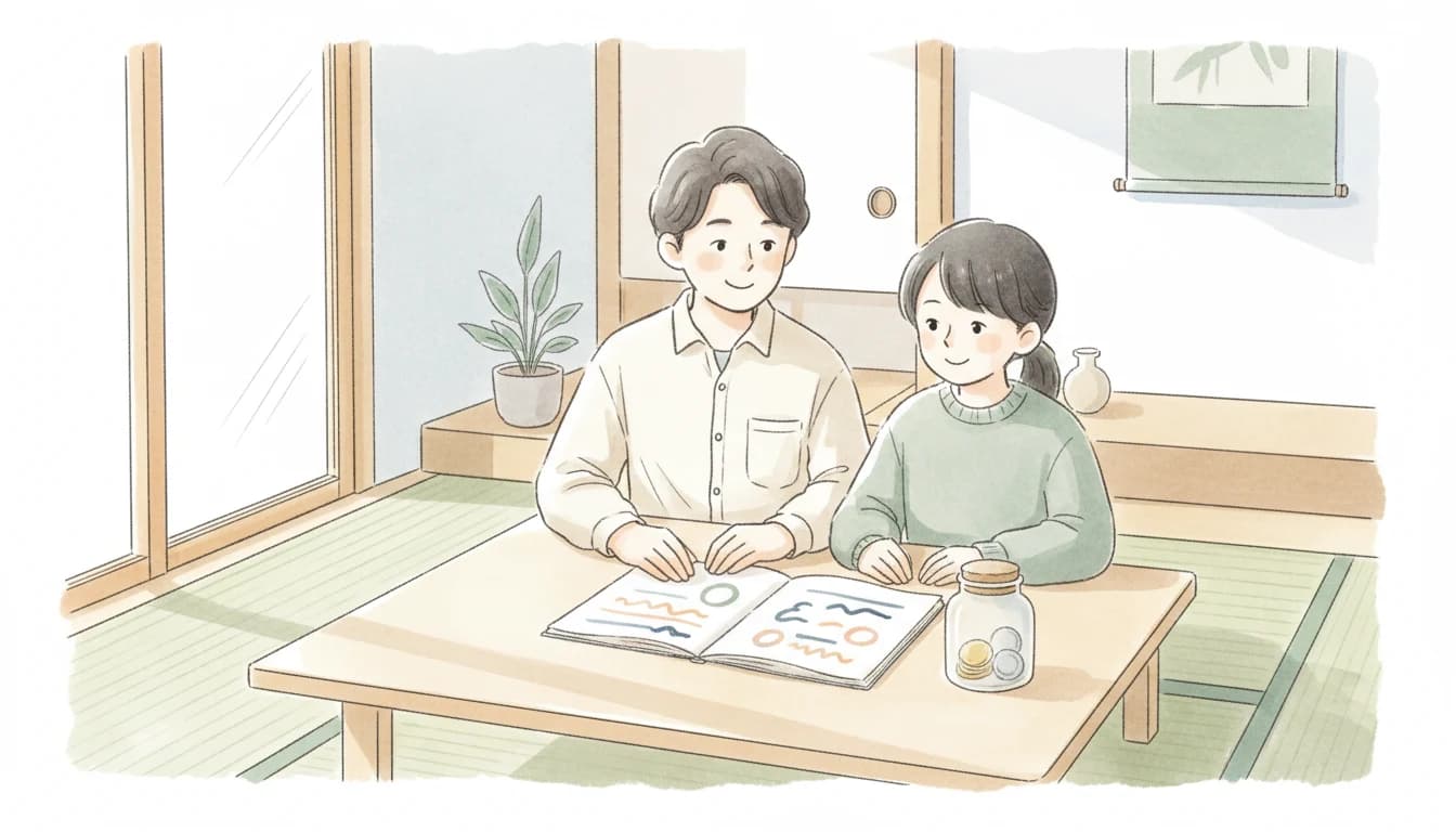 家庭の予算を決めて家庭教師選びに進む家族のイラスト