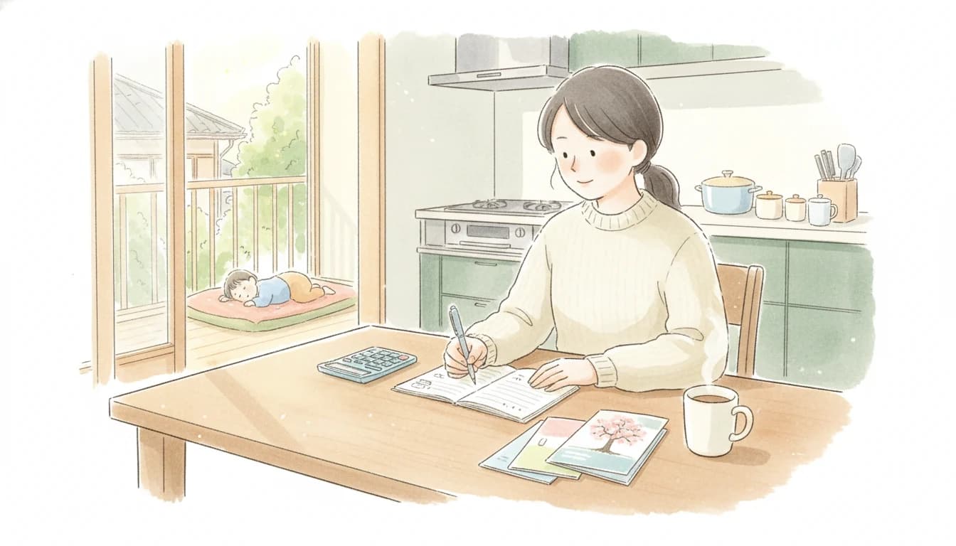 家計簿と電卓で家庭教師の予算を検討する保護者のイラスト