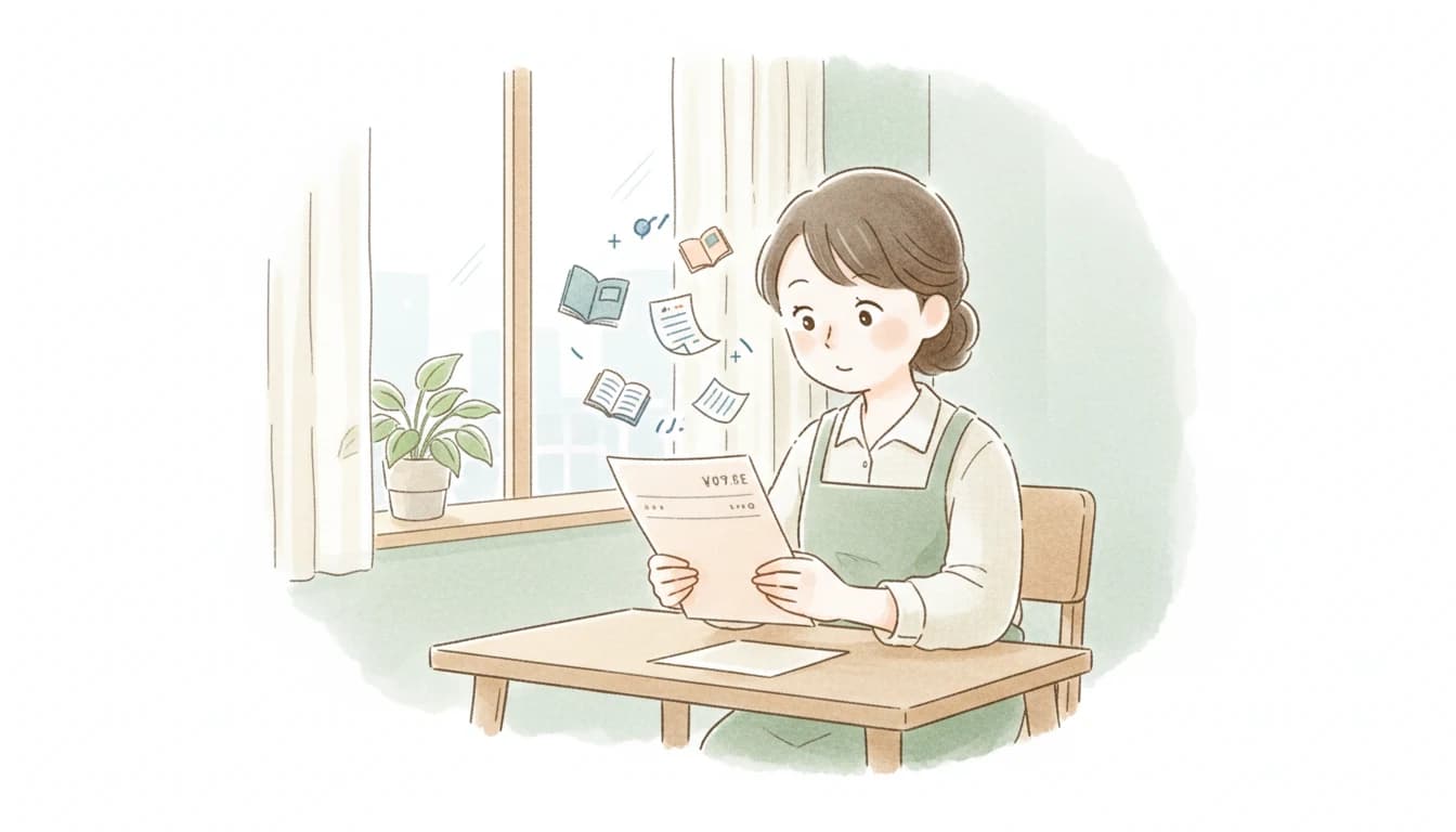 教材費や管理費など隠れた費用に気づく保護者のイラスト