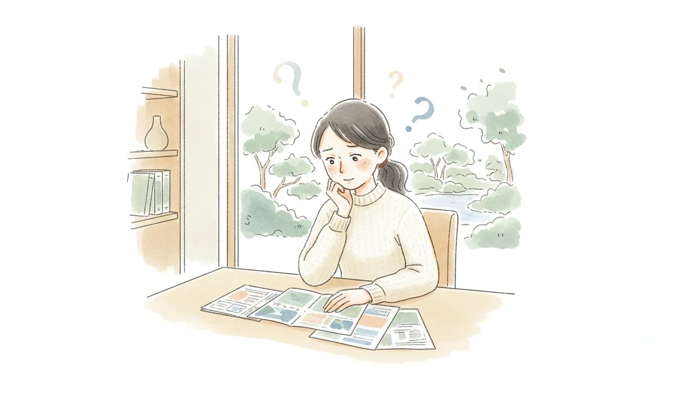 複数のパンフレットを前に悩む保護者のイラスト